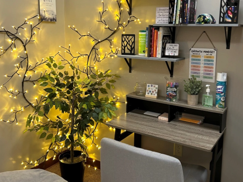 A quiet study desk with bookshelves, lights and plants in Morrilton, AR